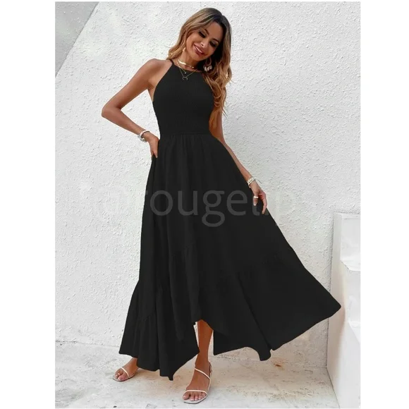 Shirred Cami Black Flared Maxi Long Dress Asymmetrical Hem - Picture 4 of 5